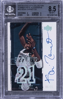 2003-04 UD "Exquisite Collection" Number Pieces Autographs #KG Kevin Garnett Signed Game Used Patch Card (#06/21) – BGS NM-MT+ 8.5/BGS 10